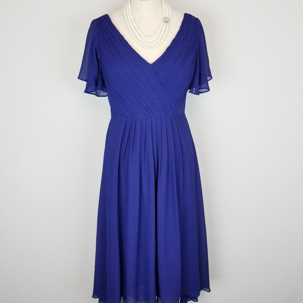 Navy Chiffon Pleated Empire Waist Midi High Low Hem Party Dress * Medium * NEW